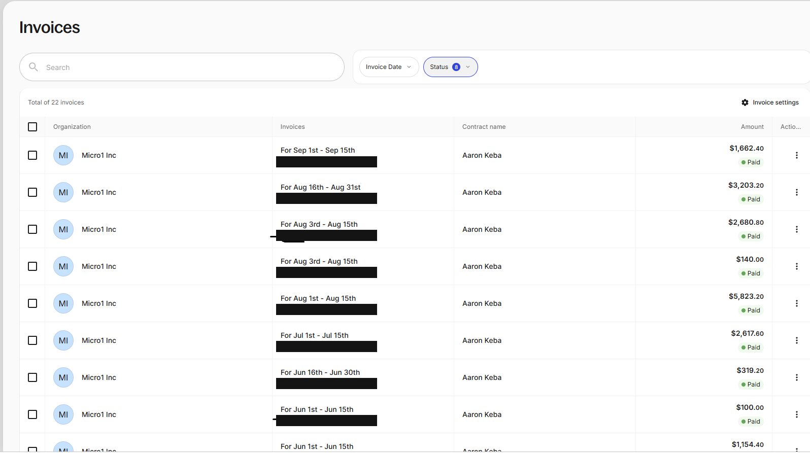 micro1 invoice list, September back to June, all marked Paid