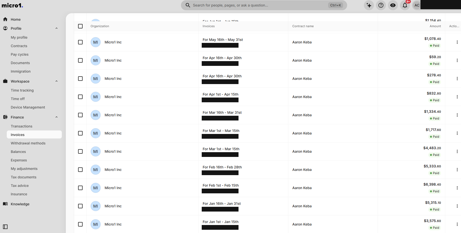 micro1 invoice list, May back to January, all marked Paid